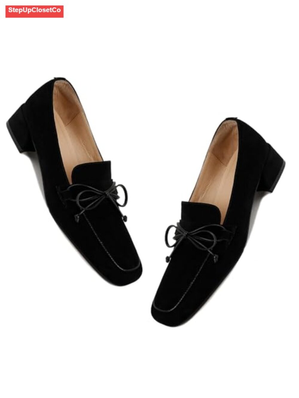 Women Chunky Low Heel Suede Loafers Bow Square Toe Slip On Oxfords 1in Block